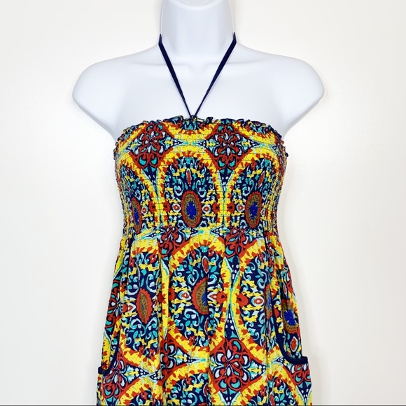 Band of Gypsies Smocked Midi Sundress, Boho, Multi-Color Medallion Print, Small - Picture 4 of 7